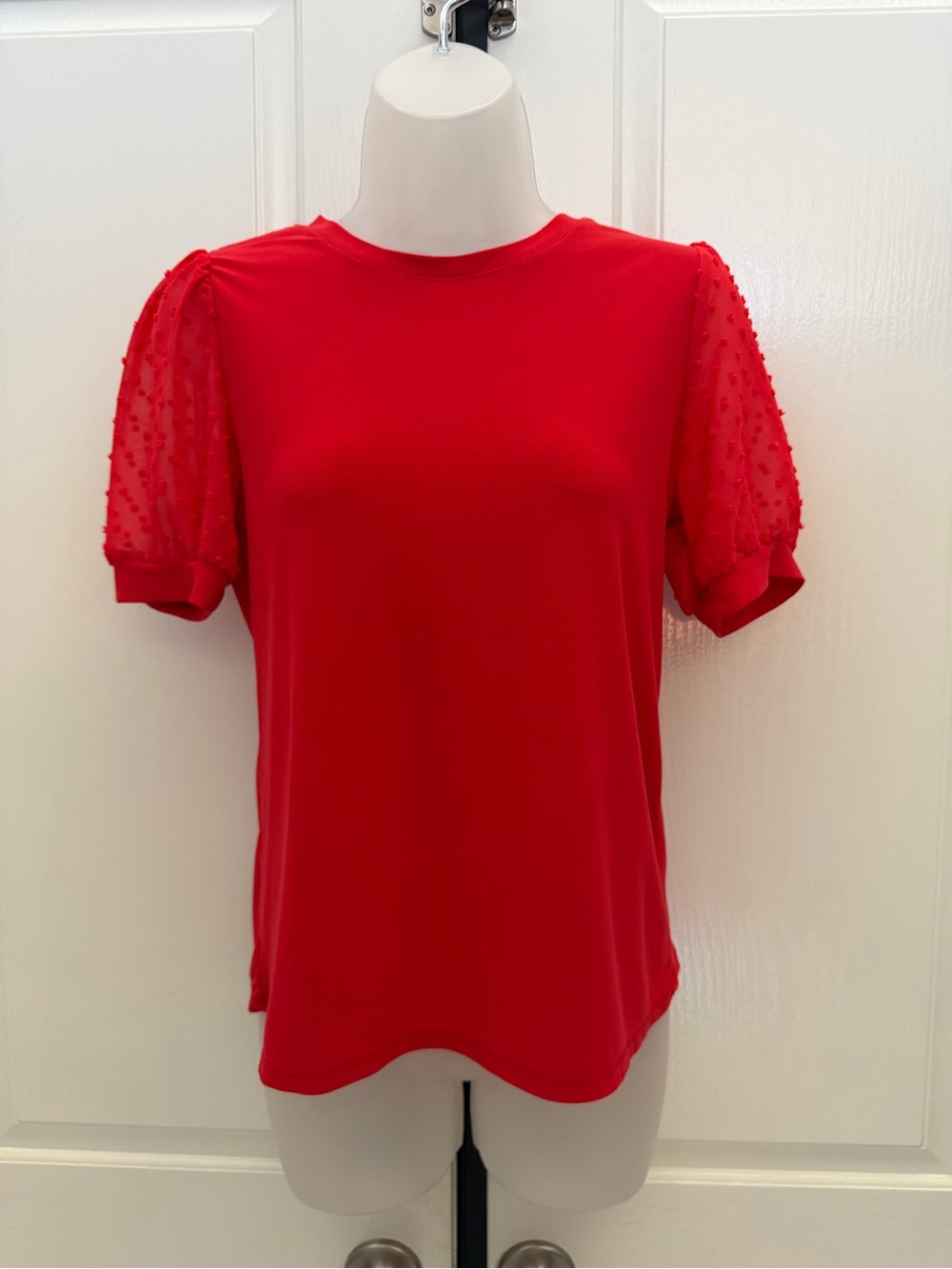 Cece Red Puff Sheer Dotted Sleeve Top Sz XS